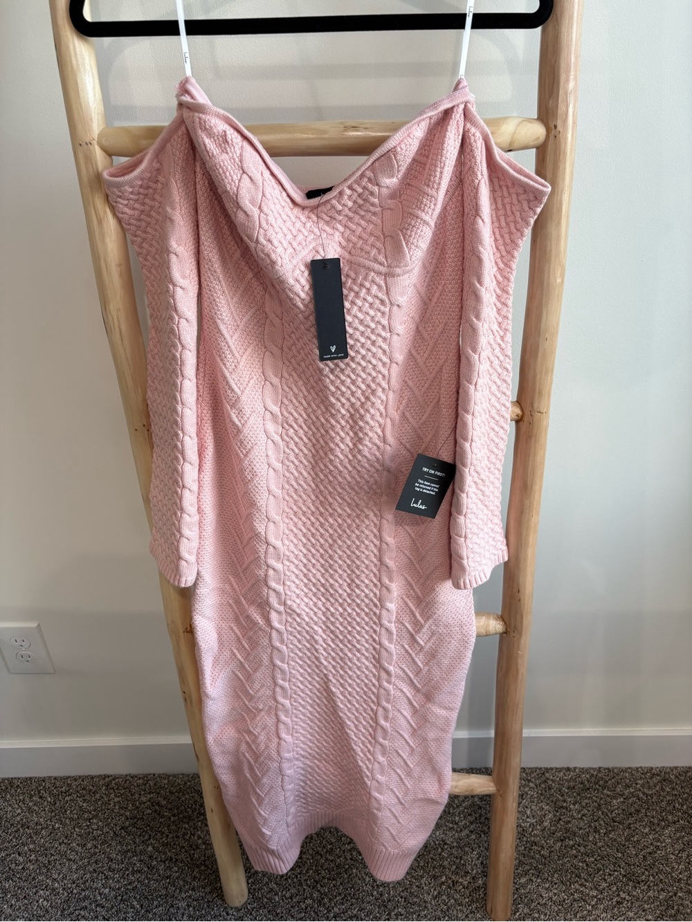NWT Lulu's Soft Blush Pink Cable-Knit Sweater Dress